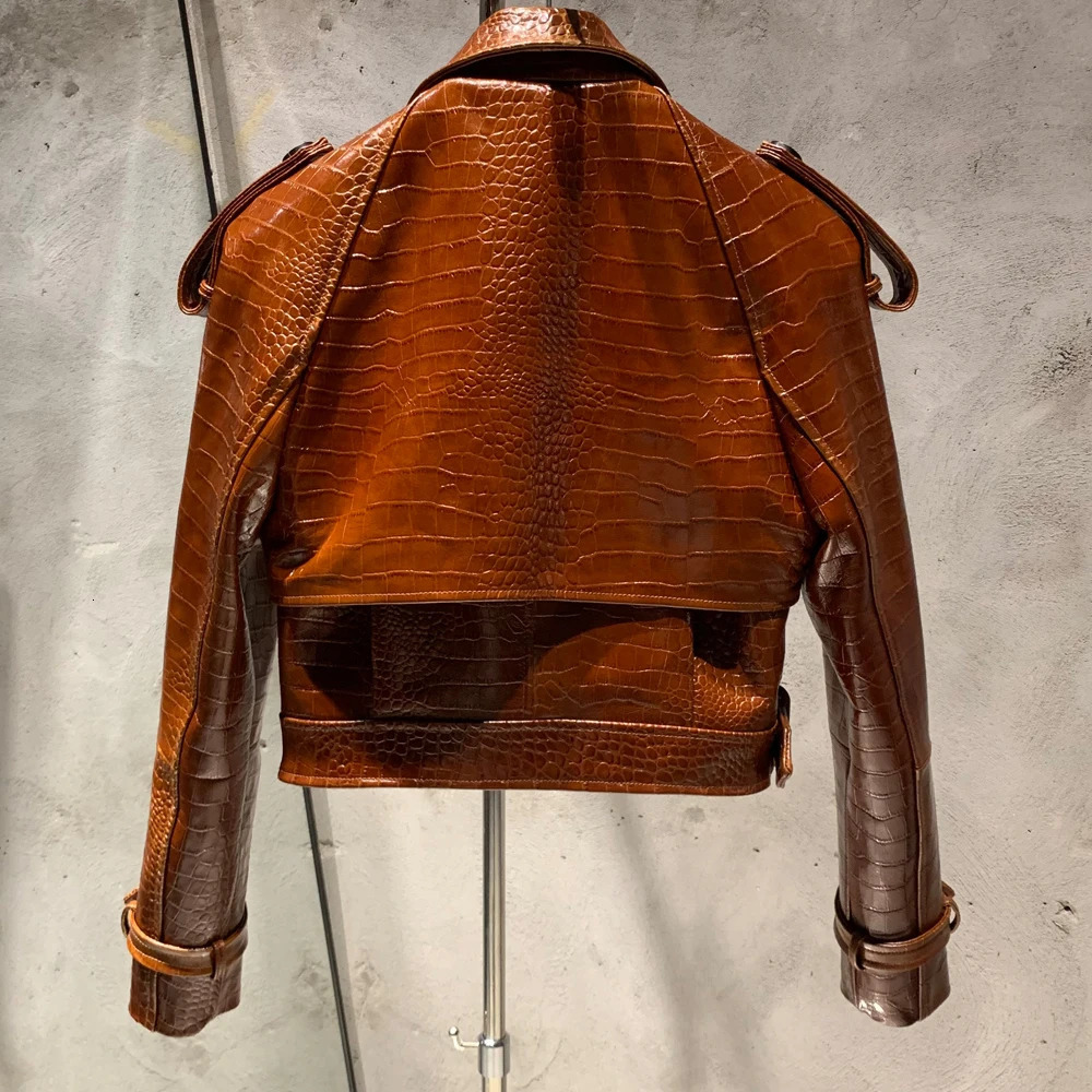 Croc leather jacket womens winter genuine sheepskin jacket with wide shoulders and apron 23012 241031