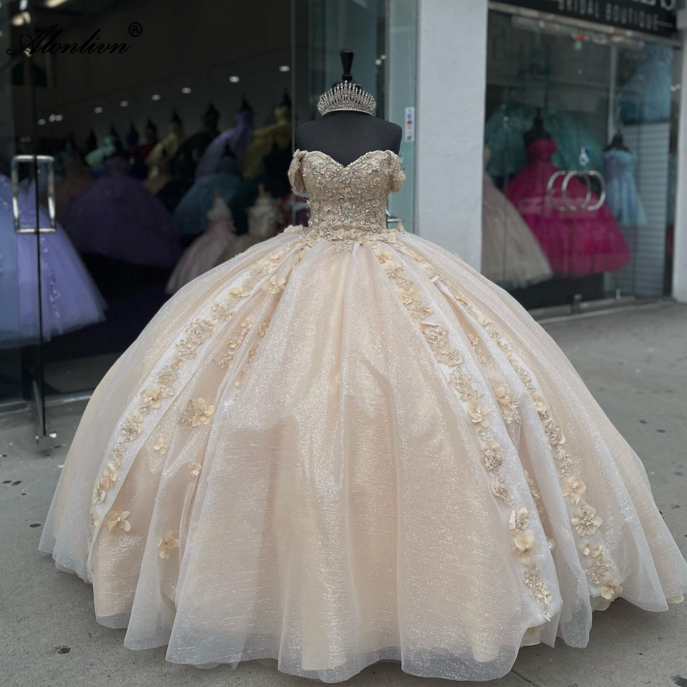Champaghe Color Sweetheart Ball Gown Quinceanera Dresses Off Shoulder Sleeves Beading Pearls Appliques 3D Flowers Prom Evening Party Pageant Birthday 