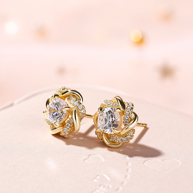 Vintage Crystal Flower 925 Sterling Silver Stud Women 18K Gold Diamond Stud Earrings Hollow Design Wedding Earrings Luxury Jewelry Exquisite Gift