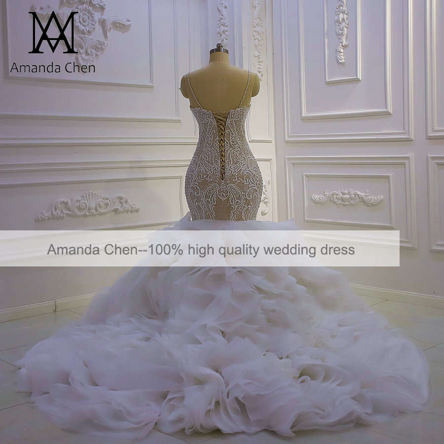 Beaded Lace Tiered Mermaid Wedding Dress In Ivory, Deep V Neck Bridal Gown 6660311