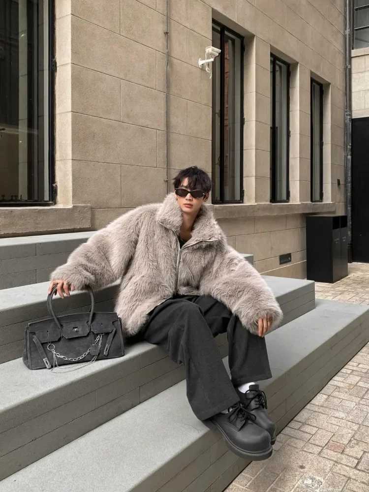 New Korean Fashionable Gray Environmentally Friendly Fur Jacket Men Winter Stand-up Collar Streetwear Fur One Imitation Fur CoatXJ241102