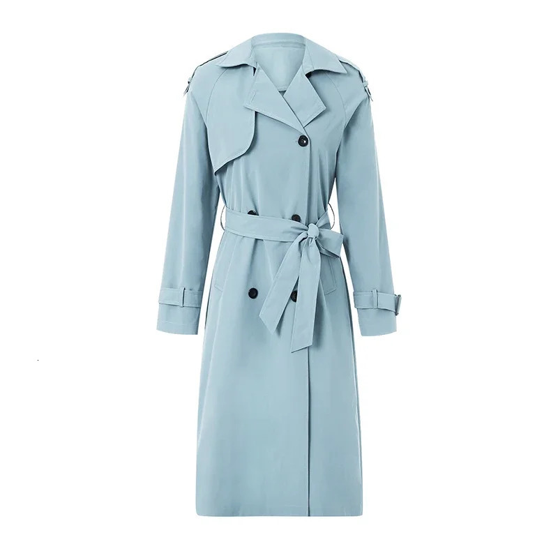 Womens classic long trench coat solid color double chest lapel long sleeved windproof coat with shoulder strap bag streetwear 241031