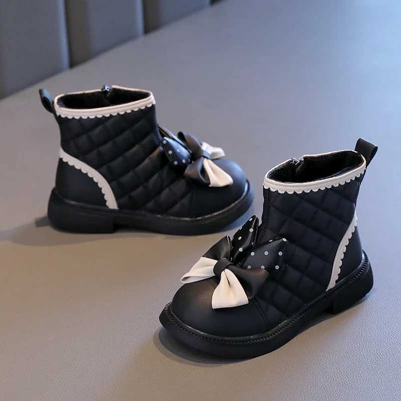 Childrens Princess Fashion Boots Sweet Patch Work Bow Winter Girls Boots Ankle Versatile Childrens Tight Cotton Boots Elegant M241102