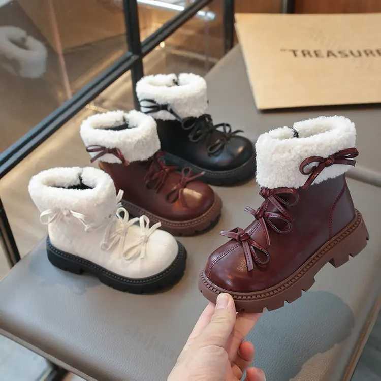 New winter boots suitable for girls design bow tie childrens flat fashion boots thick faux fur warm childrens cotton snow boots M241102