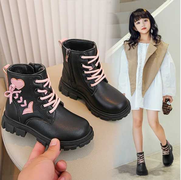 Girls ankle boots childrens fashion boots pink elegant zipper love pattern childrens princess leather boots anti slip size 26-37 M241102