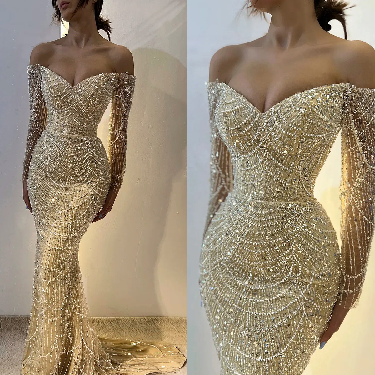 Elegant Mermaid Wedding Dresses Off Shoulder Beaded Sequins Bridal Gowns Slim Pearls Long Sleeve Custom Made Vestidos De Novia