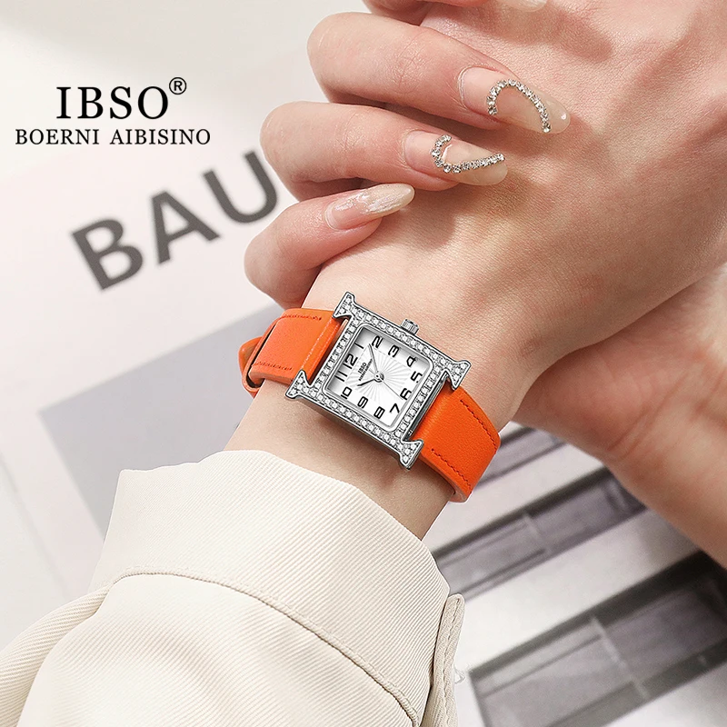 IBSO new 2023 New Women Rectangle Watches Japanese Quartz Movement Ultra-Thin 2025 3ATM Waterproof Full Dia Genuine Leather