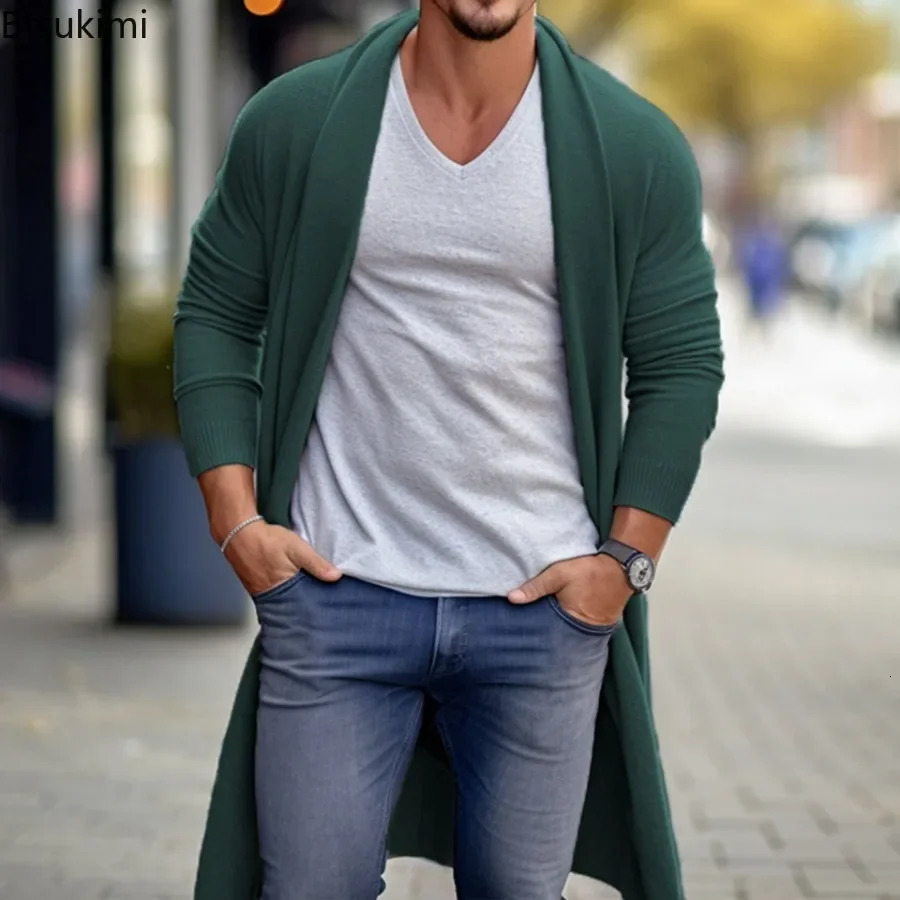 2024 Mens Thin Knitted Sweater Cardigans Solid High Quality Soft Long Woolen Coat Jacket for Men Spring Autumn 241024