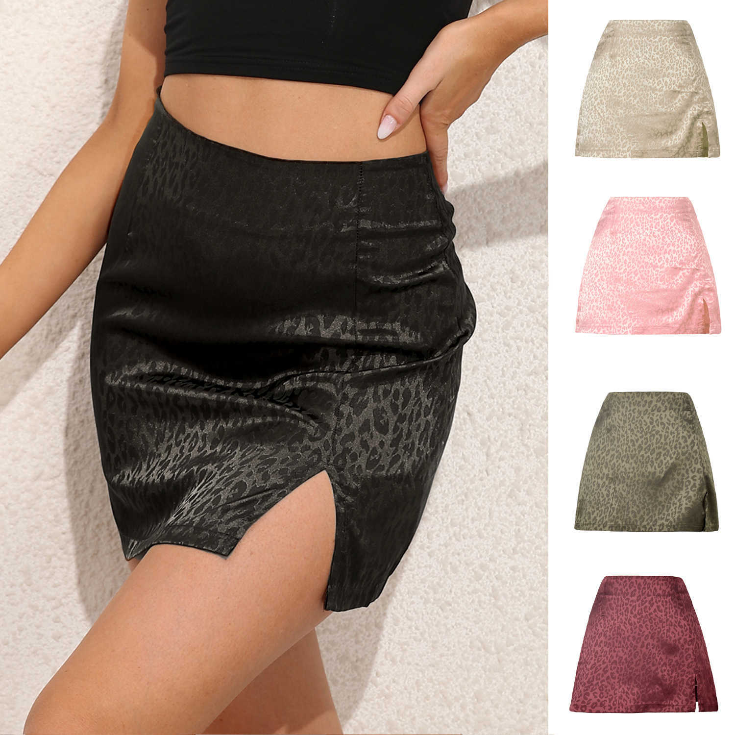 Leopard Print Career Skirts For Women Vintage Hip-hugging Skirt Summer Leopard High Waist Split Skirt Sexy Jacquard Satin Zipper Skirt 241023