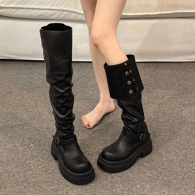 Autumn Winter Platform Women Knee High Boots Fashion Slip On Shoes Punk Style Plaform Heels Long Booties