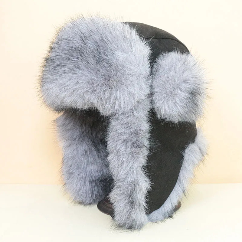 Winter Ear Hood Mens Ushanka Russian Cavalry Pilot Hat Warm Autumn Artificial Fox Fur Bomber Hat Black 241031