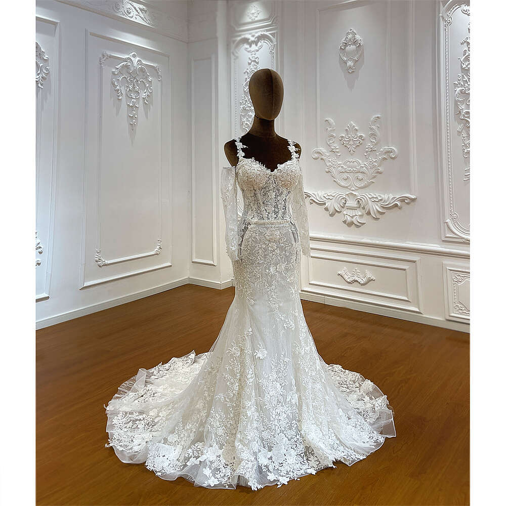 Customized New Design Applique Lace Detachable Long Sleeve Mermaid Bridal Wedding Dress