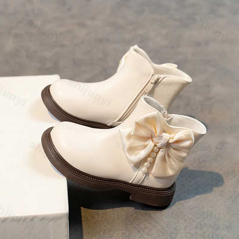 Girls autumn and winter new ankle boots Fahshion pearl bow knot side zipper childrens short boots PU leather smooth sweet childrens Botas M241102