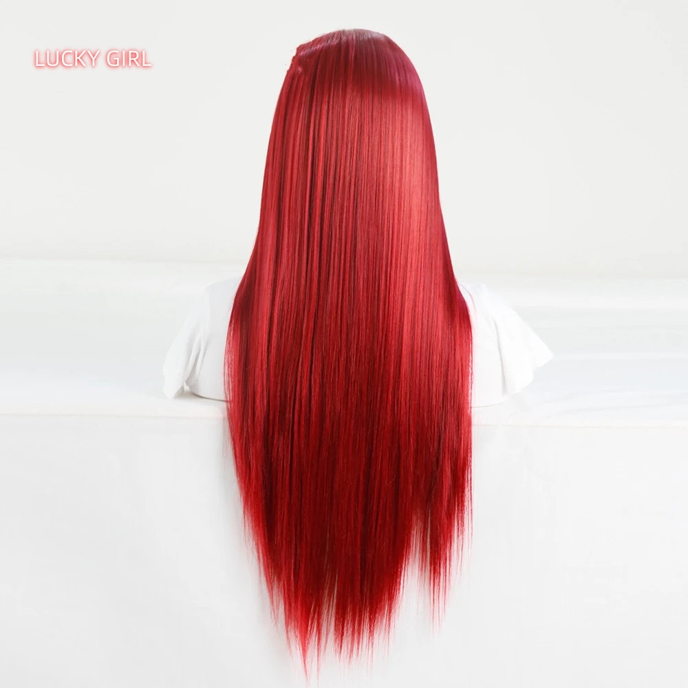 Bombshell Wine red 13*4 Synthetic Hair Front Lace Wig Glueless Heat Resistant Fiber Hair Natural Hairline Free Parting Women Korean high temperature f