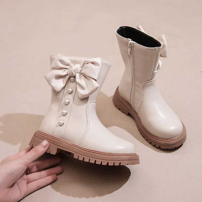 Girls long boots black Pu leather bow short and fashionable childrens winter boots warm bow round toe high knee childrens shoes M241102