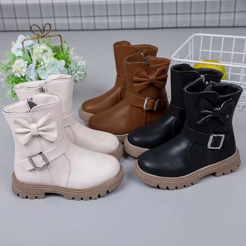 Girls Boots Bow Kids Fashion Buckle Cool Solid Color Toddler Girls Shoes Children Casual Boots Versatile Spring New Simple M241102