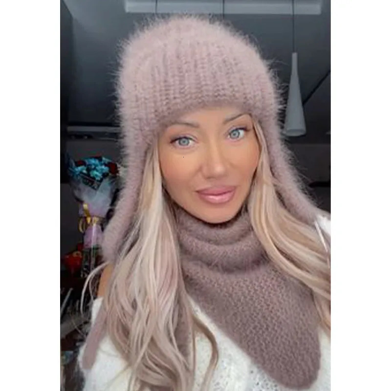 Women Winter Angora Earflaps Hat Warm Fluffy Rabbit Fur Knit Female Thick Fleece Lined Russian Trapper 10 Colors 240311