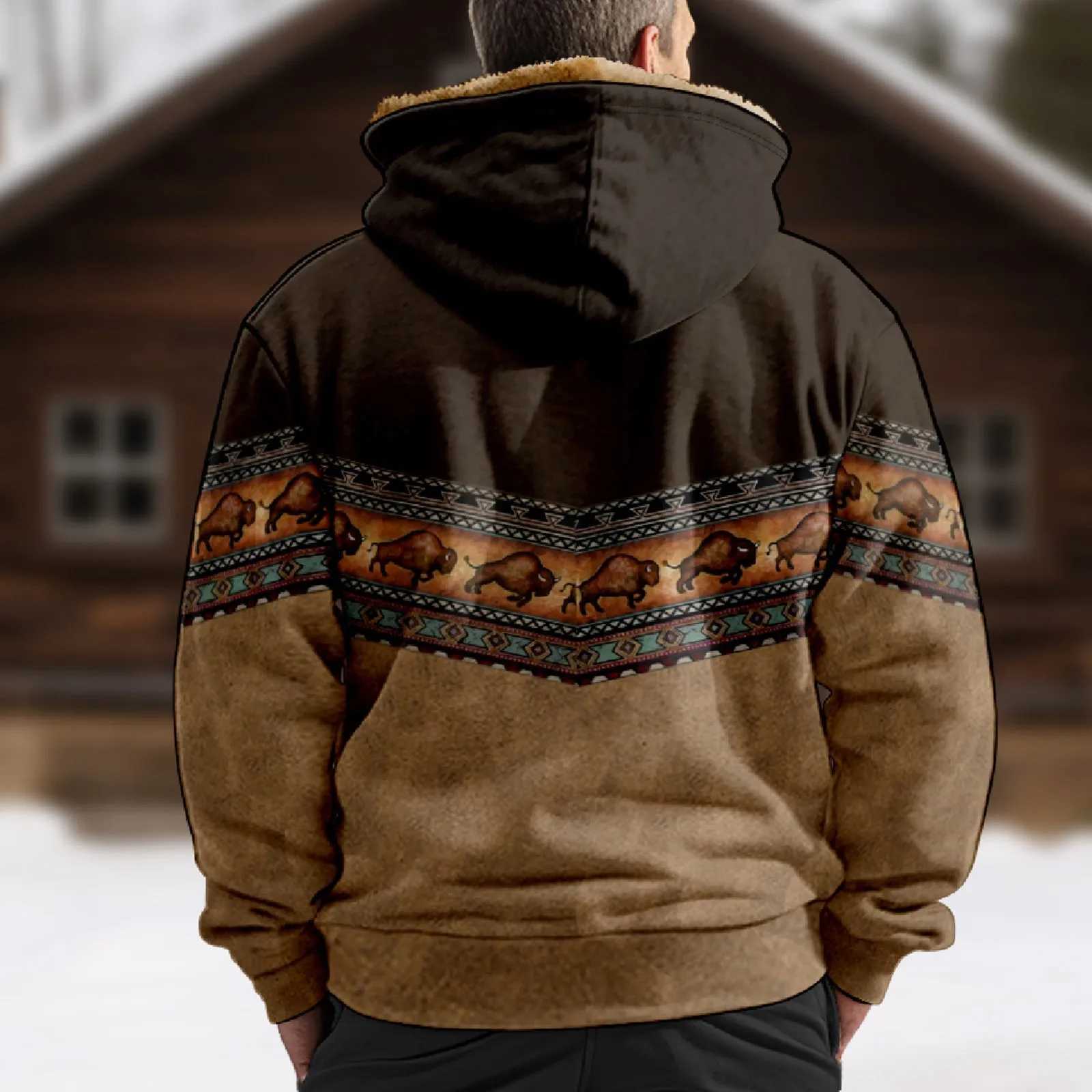 Mens Zipper Hoodie Buffalo Pattern Printed Casual Winter Clothing Long Sleve Sportswear Casual Hoodie Jacket Coat W241102