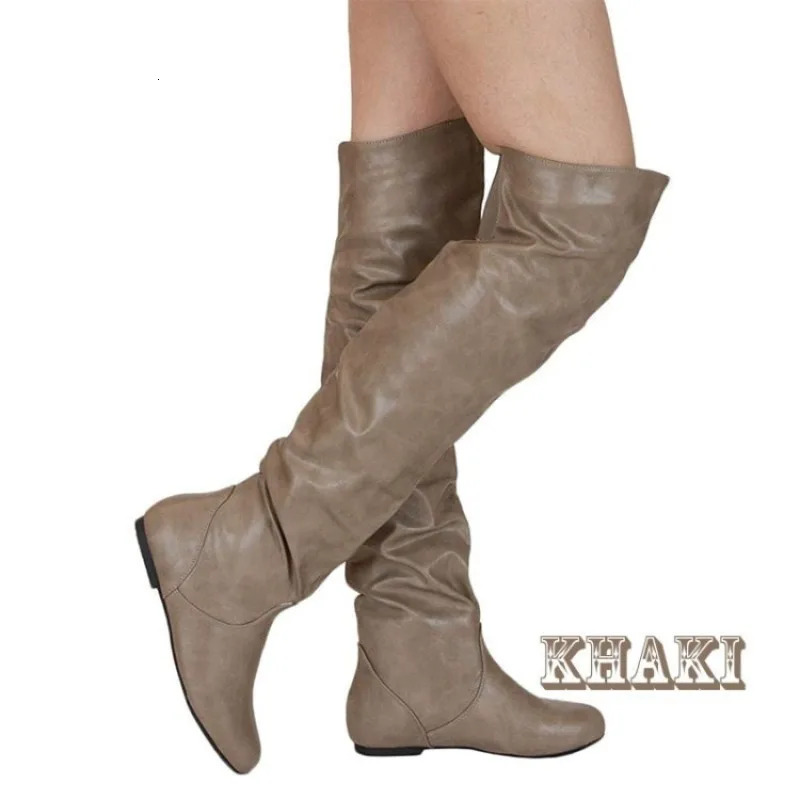 New Pattern Sexy Pointy Toe Over The Knee Sewing PU Solid Flat Heels High Tube Boot Large Size 34-48 Women Ladies' Boots