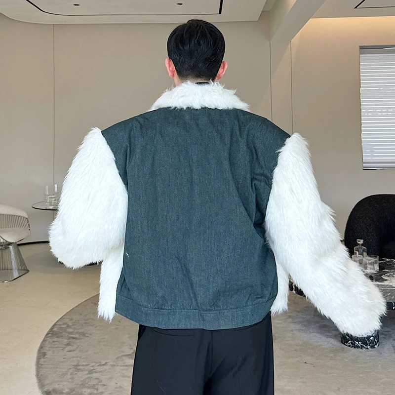 IEFB Niche Design Mens Faux Fur Coats Turn-down Collar Denim Patchwork Fake Mink Hair Loose Male Jackets Autumn Winter 9C8187XJ241102