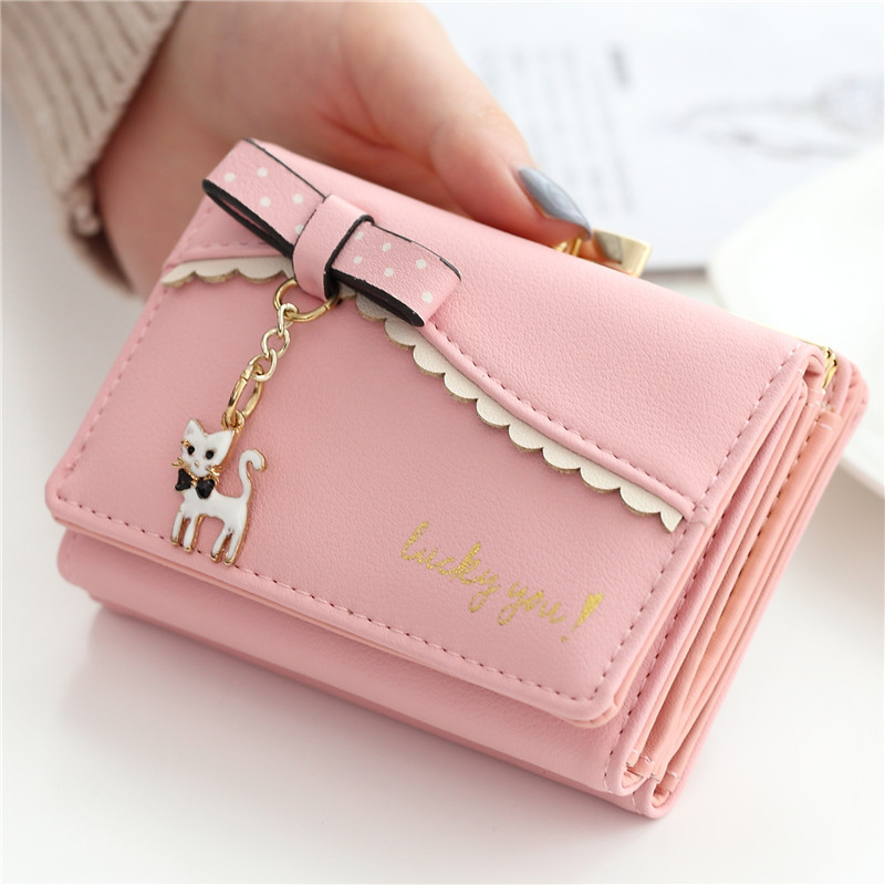 Ladies Wallet: Cute, Short Practical Design with Mini Cat Pendant, Popular Student-Friendly Coin Purse and Card Holder