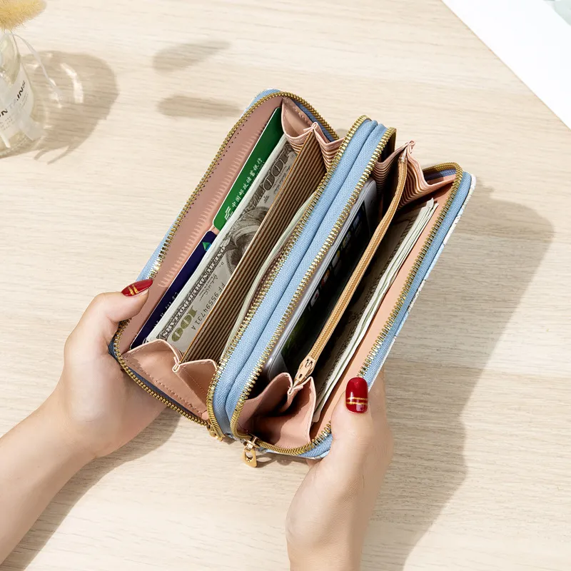 PU Leather Double Zipper Wallet new for Women Long Embroidery Coin 2025 Purses Large Capacity Female Flower Clutch Bag Credit Card Holder