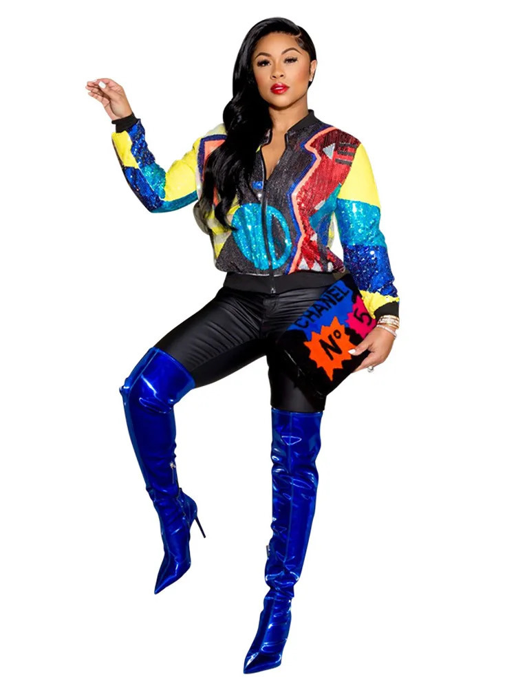 Sequin Jackets Women summer Jacket Streetwear Retro Rock BF Longsleeve Silver Reflective Outwear Tops Multicolor 240318