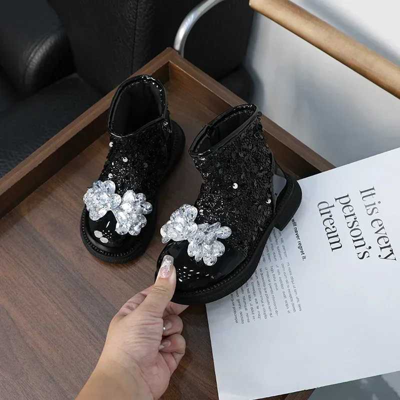 Luxury girls ankle boots with sequins elegant childrens leather boots fashionable spring and autumn childrens short princess boots new version M241102