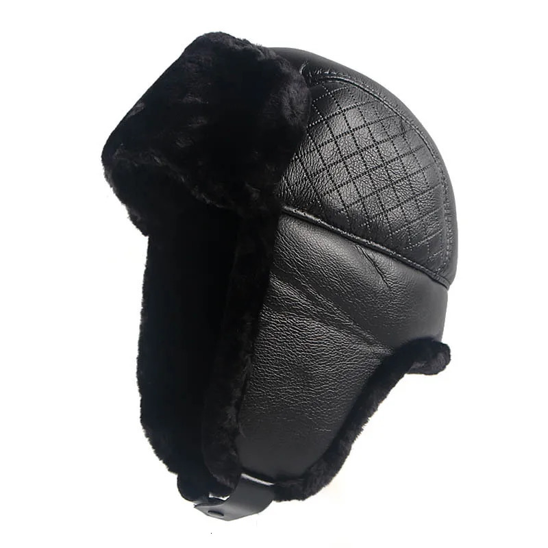 Mens Winter Hat with Earrings Ushanka Warm Russian Fur Bomber Hat Plain Leather Winter Pilot Hat Mens Black 241031