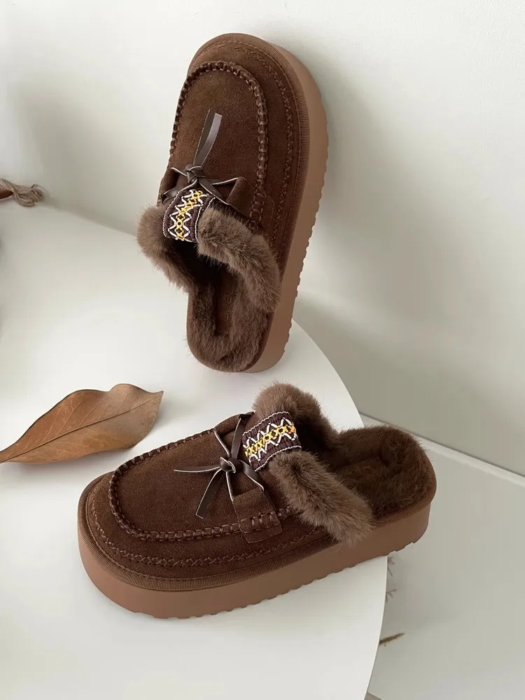 Women's Leather Shoes Cover Toe Ladies Slippers Med Platform Flock Fringe Flat Snow Boots Rome Fur Shearling Slides Rub