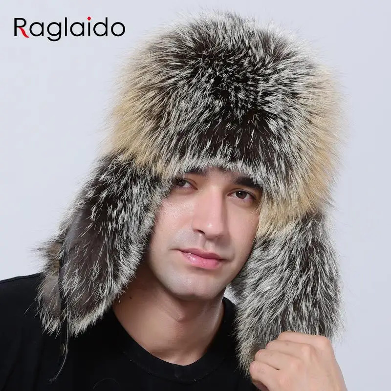 Mens Winter Hat Natural Fluffy Raccoon Fur Warm Adjustable High Quality Sheepskin Bomber Ushaca Fashion Hunting Hat 241031