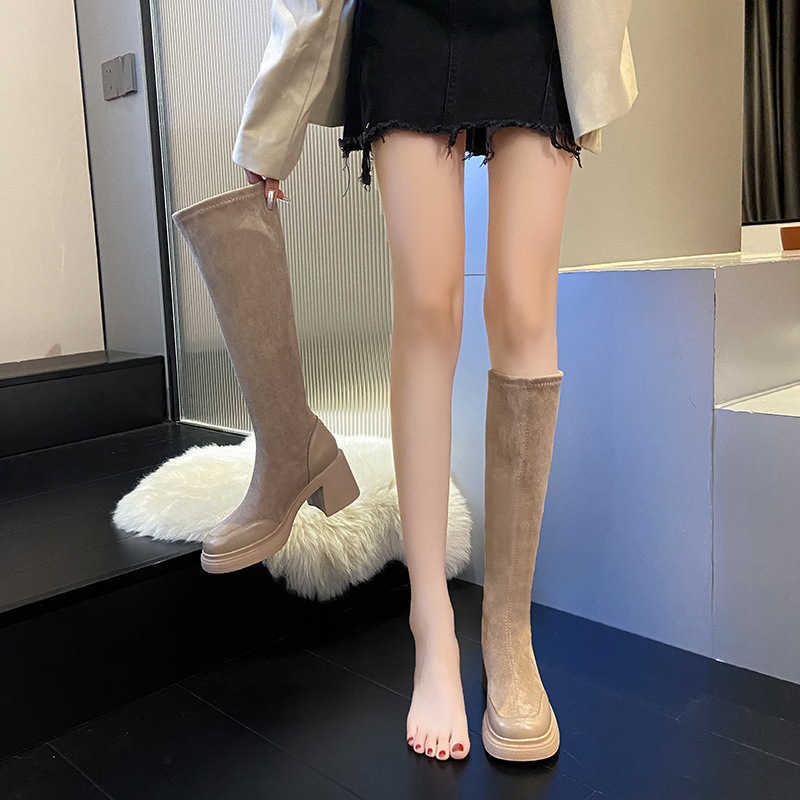 CMM Suede Slim Long Boots for Women Not Over the Knee New Autumn and Winter Look Slim Tall Thick Heels High Heels Elastic Long Boots