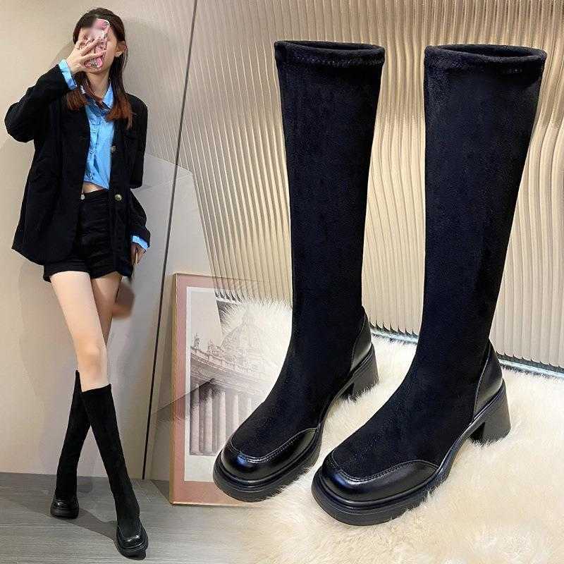 CMM Suede Slim Long Boots for Women Not Over the Knee New Autumn and Winter Look Slim Tall Thick Heels High Heels Elastic Long Boots