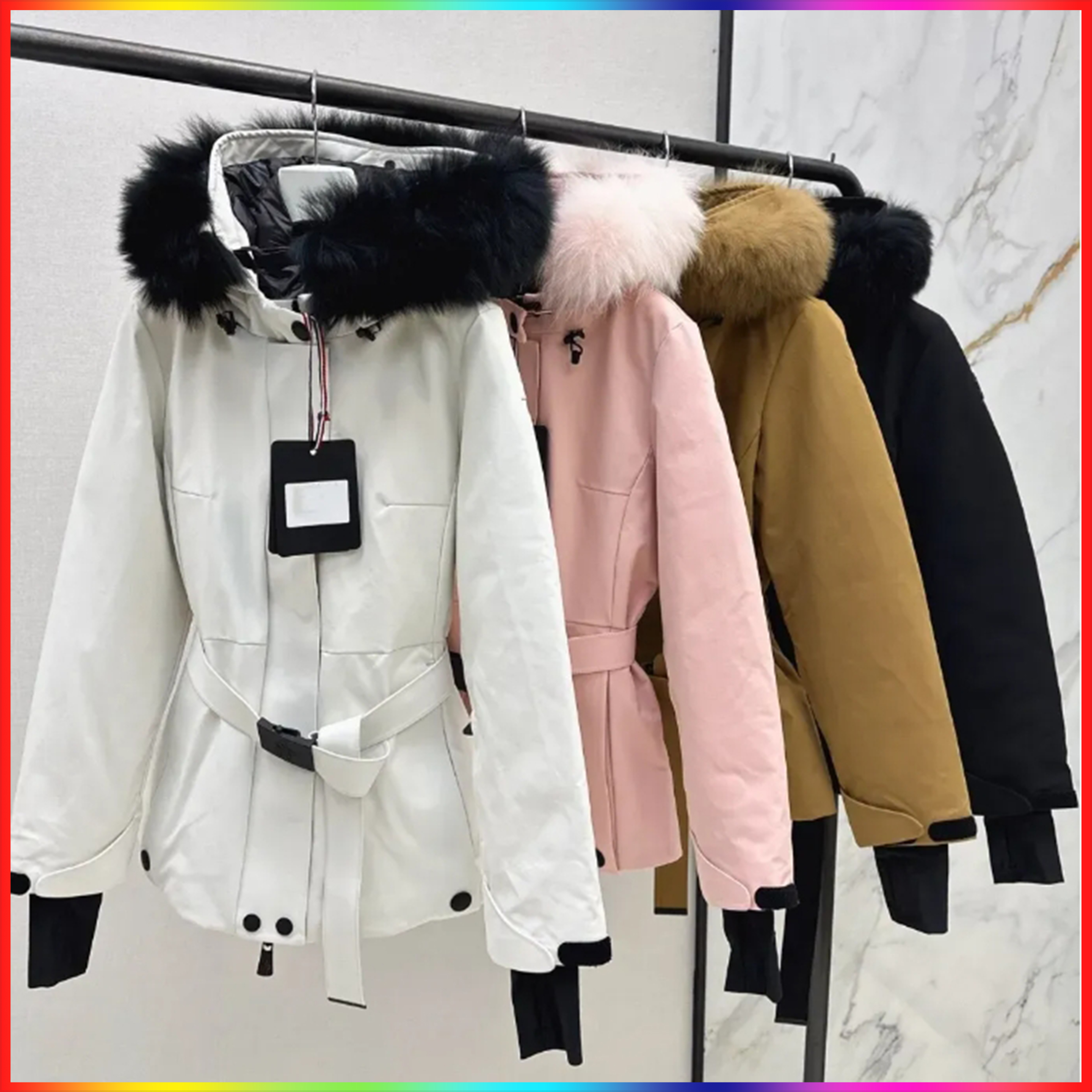 High Quality Fashion New Designer Down Jackets Fox Fur Hooded Short Style Women With Belt Luxury Winter Warm Down Jacket Clothes Outdoor Womens Clothing Coats