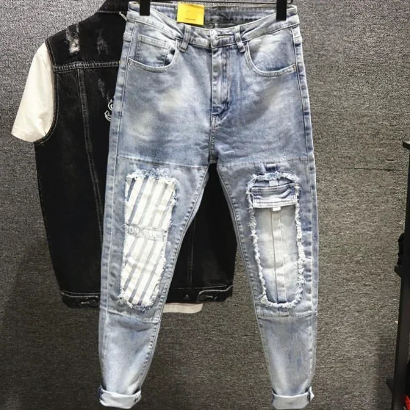 Trousers Patch Broken Elastic Mens Jeans Punk Man Cowboy Pants with Holes Tapered Torn Stretch Ripped Xs High Quality Washed 241024