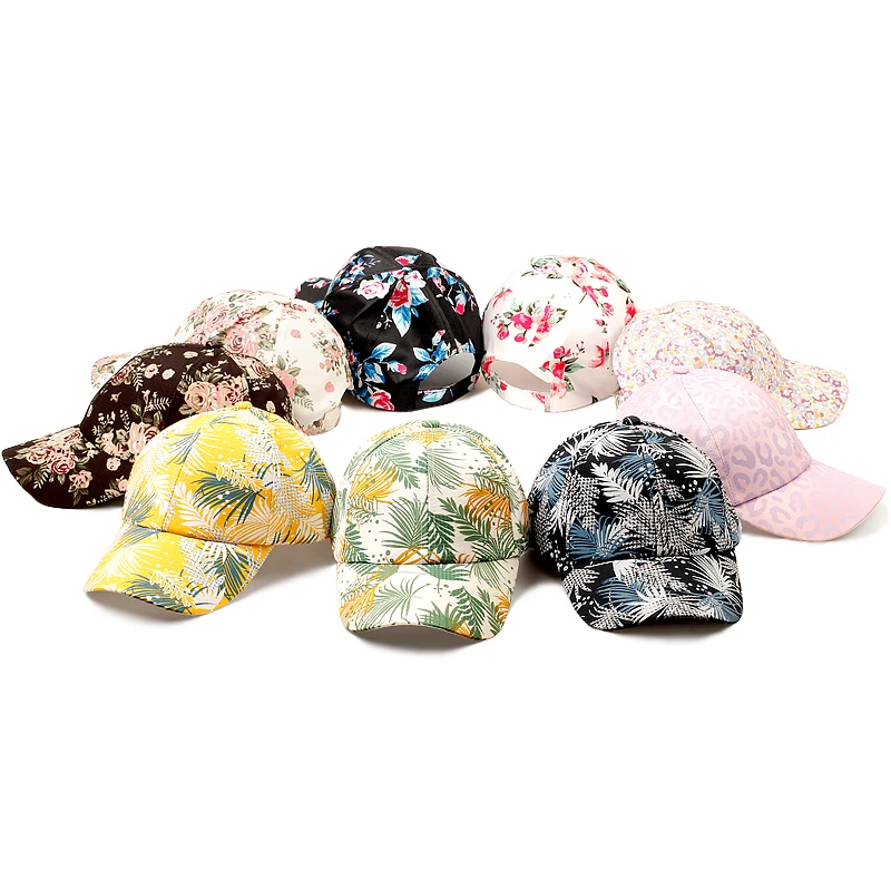 Geebro Women's Print Flower Baseball Caps Ladies New Shade Couple Hats Outdoor Stretch flowers Leaves 2025 Spring Summer new baseball cap