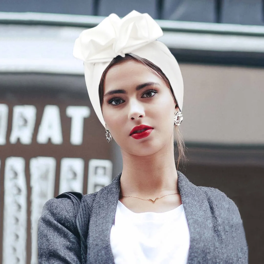 Trendy Big Bow Knot Turban Bonnets For Women Designer Retro Stretchy Beanie Cap Gorgeous Party Head Cover Plain Hijabs Head Wrap