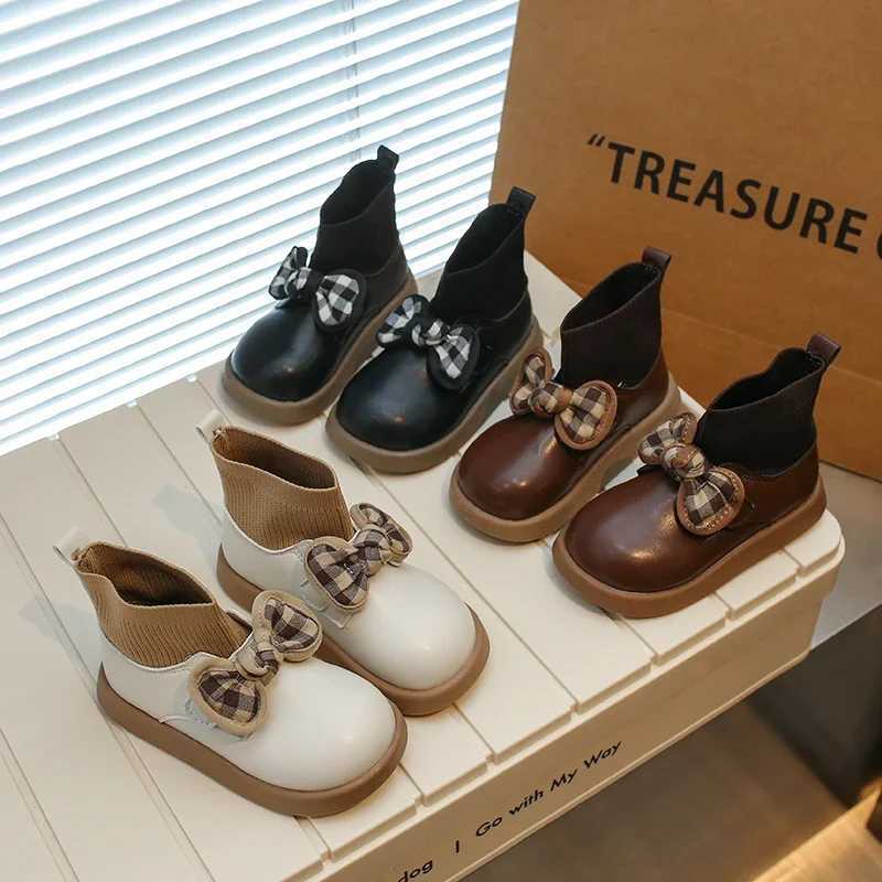 Girls Sock Boots Versatile Bow Simple Round toe Platform Childrens Fashion Casual Leather Boots Classic Hook and Loop Childrens Boots M241102