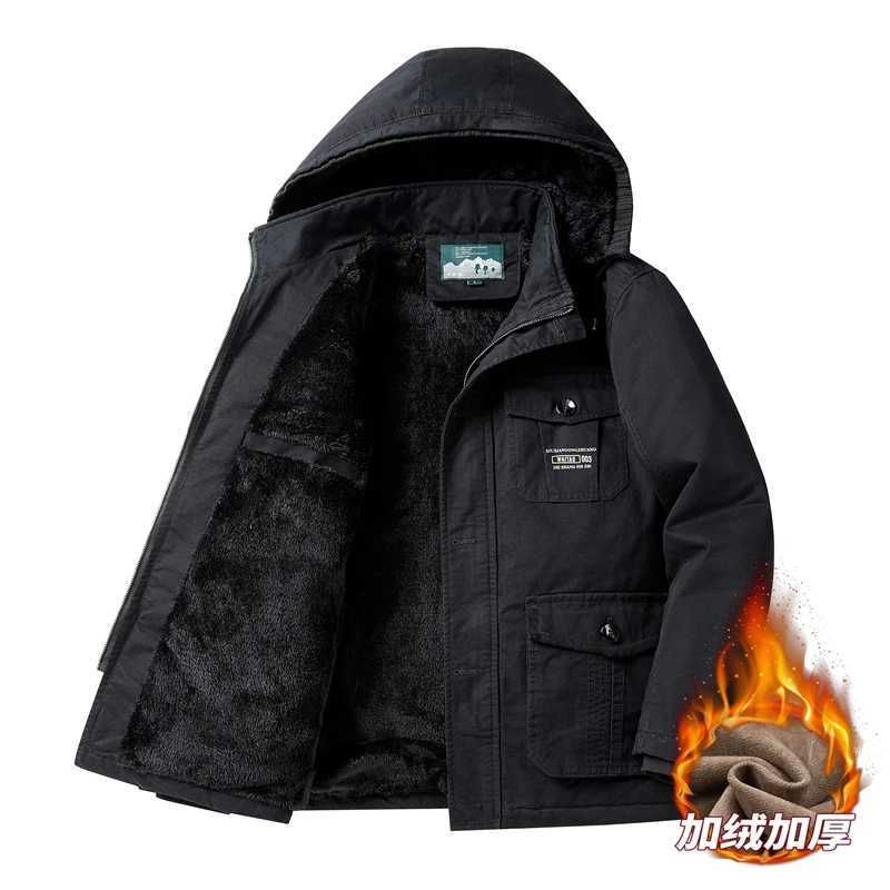 Mens suitable winter coat LTI pocket cargo solid zipper jacket mens long winter coat hooded casual and warm Parkas 6XL W241102