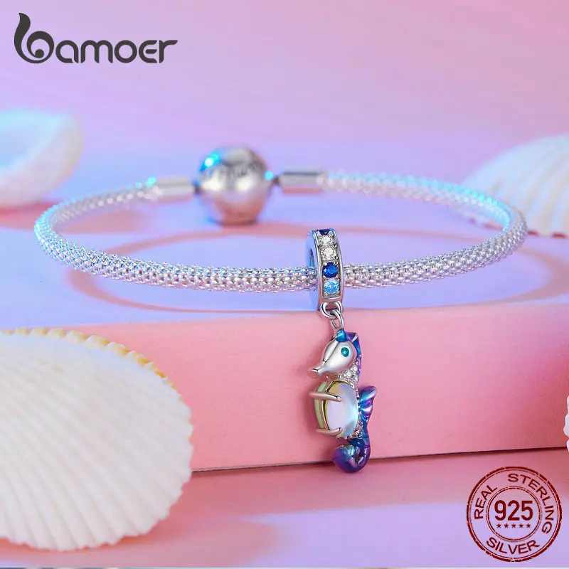 Bamoer 925 Sterling Silver Dreamy Oecan Series Dazzling Crab Beads Seahorse Pendant Charms for Women Bracelet and Necklace DIY