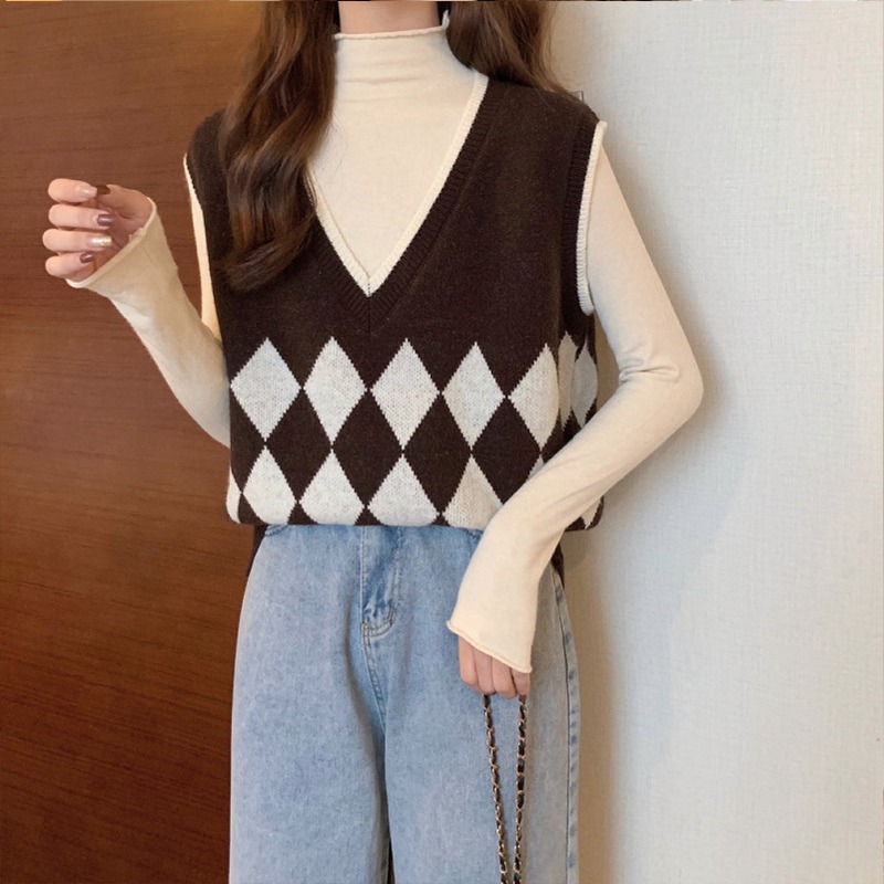 Korean Version Autumn And Winter New Item Loose Outer Diamond Grid Knitted Sweater V Neck Women Vest F1102#29