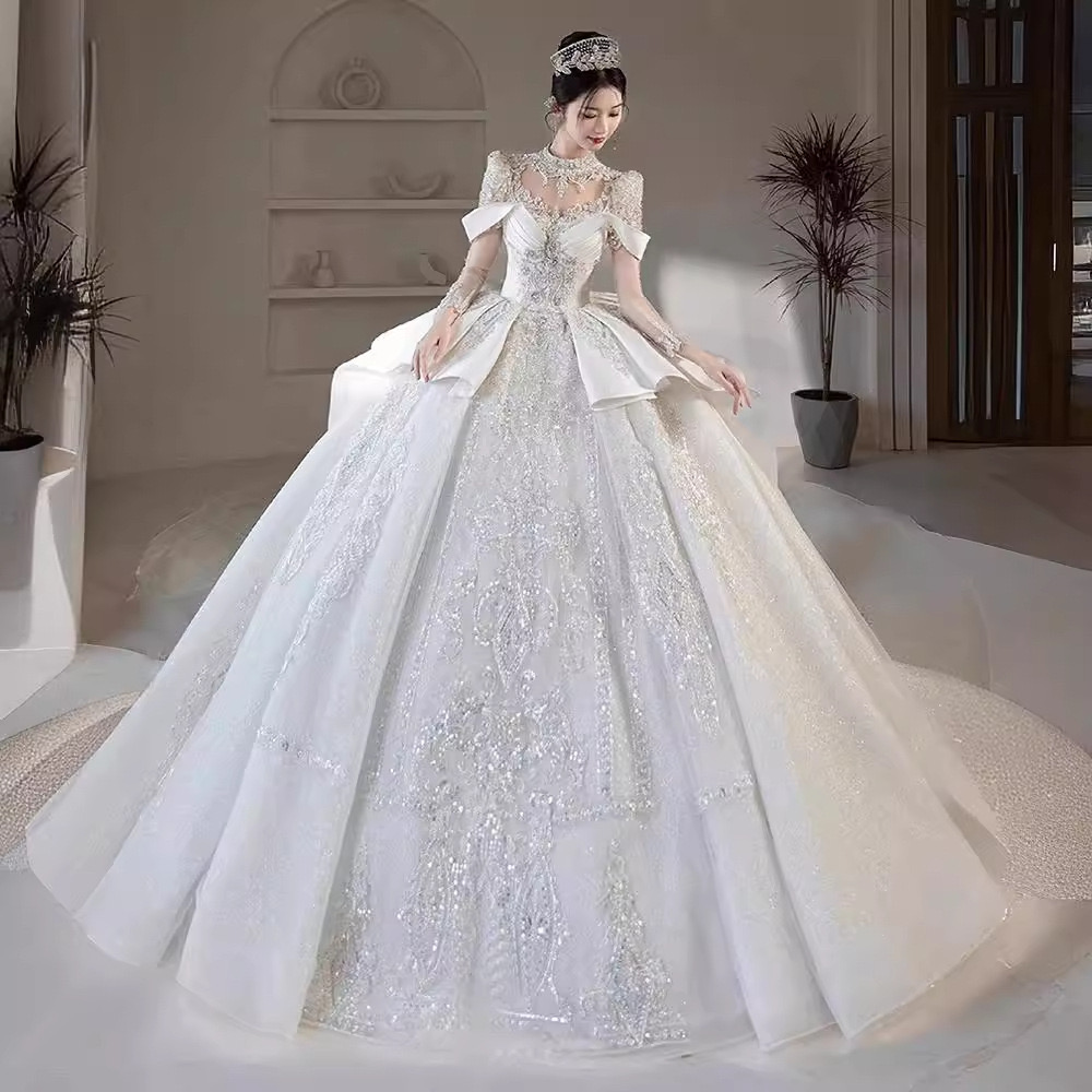 Cystal Beading Vintage ball gown new P Africa Bridal Gowns With sweep Train Long Sleeve Perspective White Dress Wedding Bridesmaid Vestido