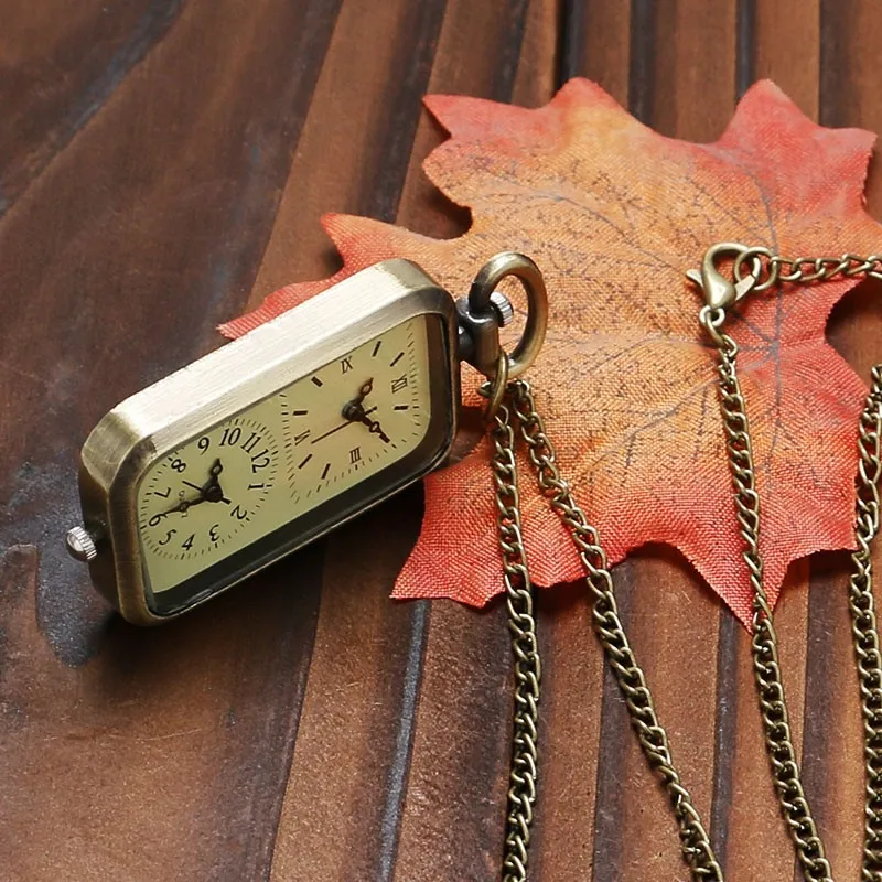 new Retro Bronze 2025 Square Dual Time Zone MiniDesign Quartz Pocket Watch with Necklace Chain Leisure Pendant Gift Men's Clock