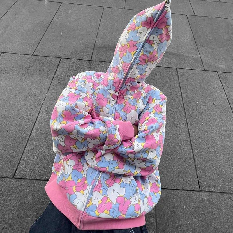 Y2K Harajuku Gothic Grunge Pattern Printed Hip Hop Zip Up Hoodie LongSleeved Sweatshirts Jacket Coats Streetwear 240318