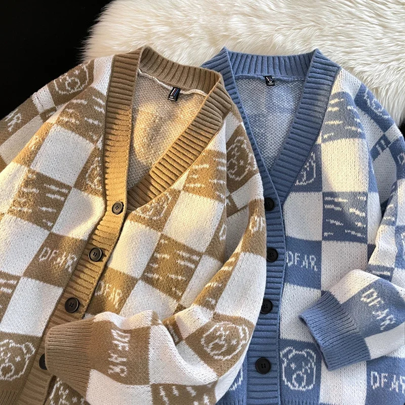 Autumn Winter Highquality Wool Cardigan Men Fashionable Loose Vneck Versatile Comfortable Breathable Warm Checkered Jacket 241024