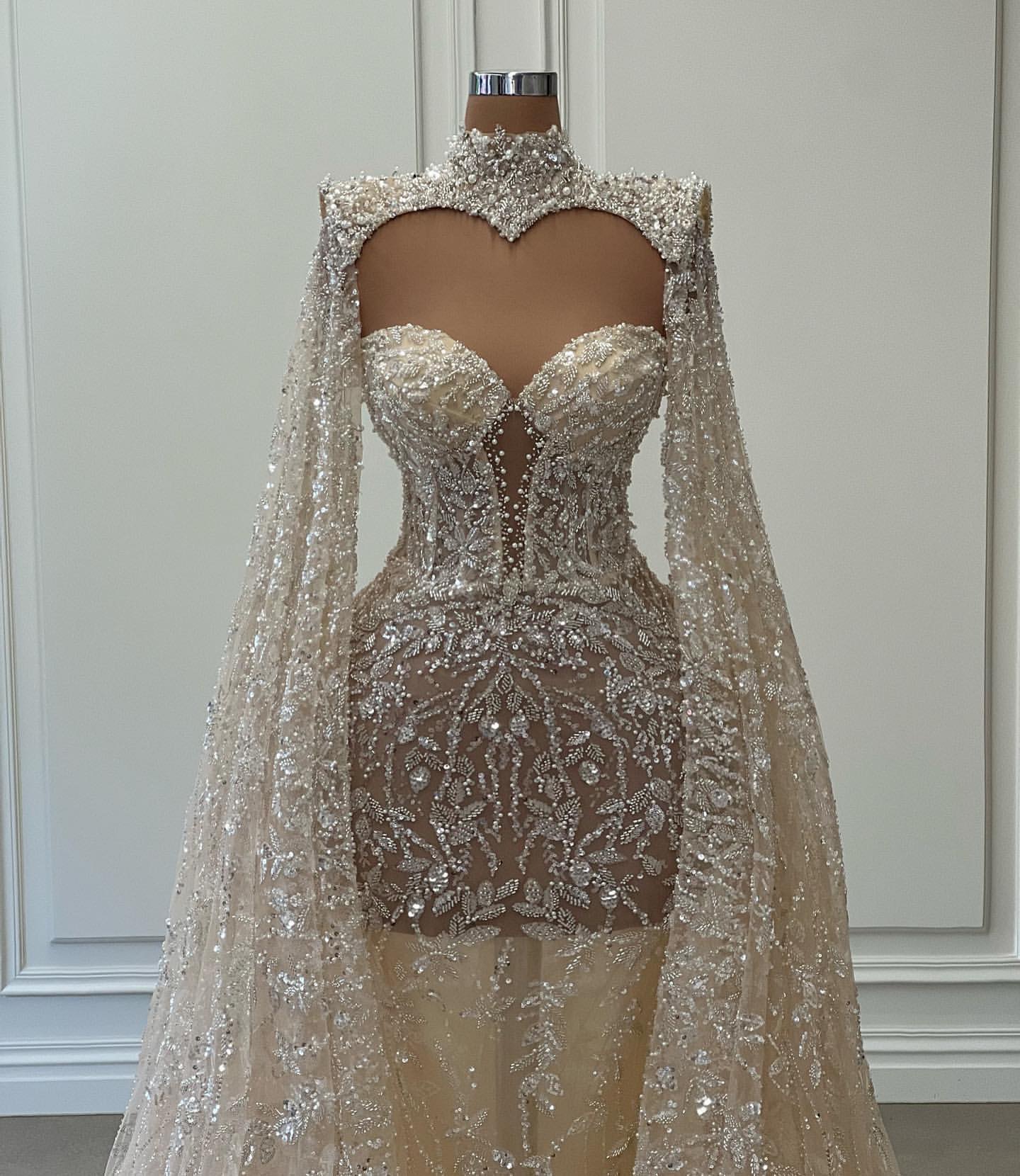 Light Champagne Chart Mermaid Dress Saudi Arabic Beading Lace Wedding Dresses High Neck Long Puffy Sleeves Dubai Bridal Gowns