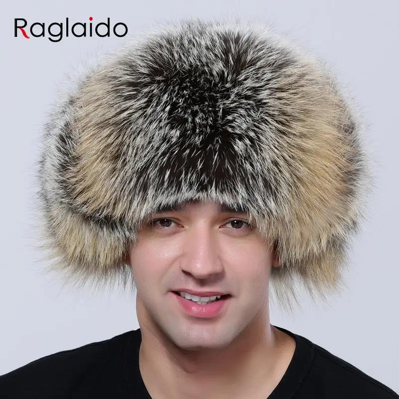 Mens Winter Hat Natural Fluffy Raccoon Fur Warm Adjustable High Quality Sheepskin Bomber Ushaca Fashion Hunting Hat 241031