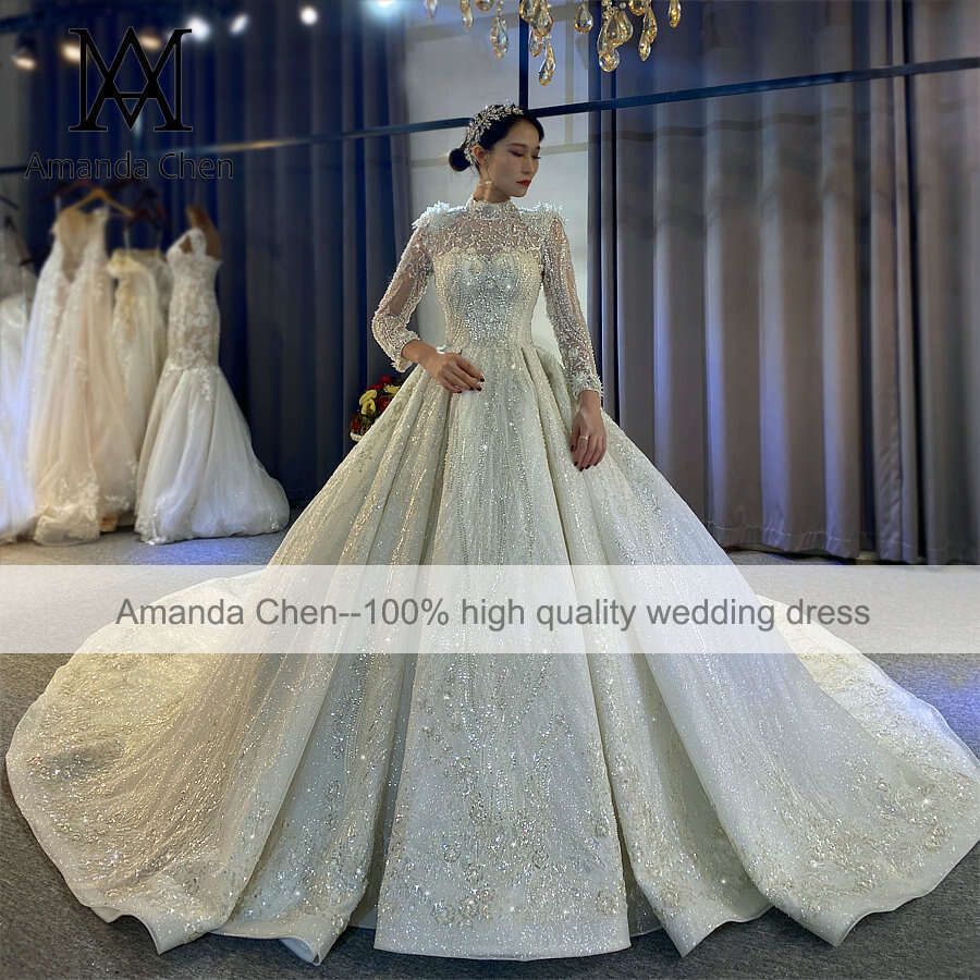 Neck High Long Sleeve Lace Appliqued A E Wedding Dress