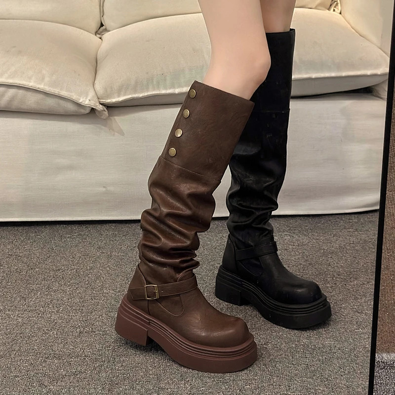 Autumn Winter Platform Women Knee High Boots Fashion Slip On Shoes Punk Style Plaform Heels Long Booties