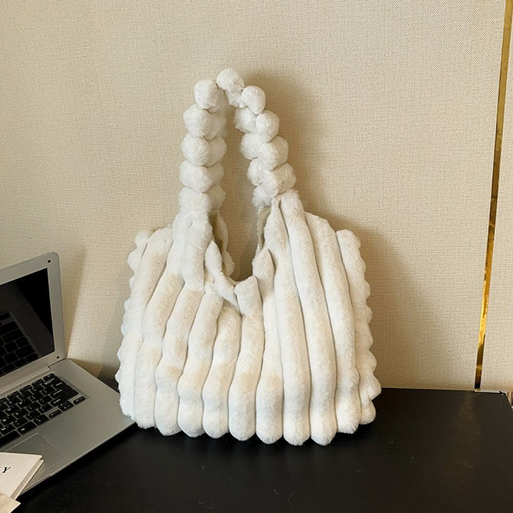 Solid Color Handbag Designerlarge Capacity Korean Style Shoulder Carrying Lunch Storage Plush Handbag